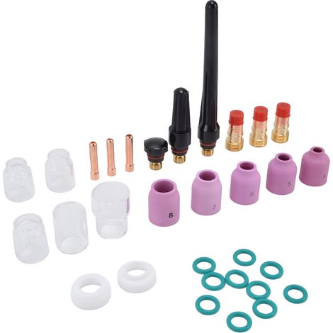 Jeu de pièces de soudure TIG, buse, électrode, pince, coupelles en verre, rondelles et chapeaux arrière pour torches WP-17, WP-18, WP-26. (1/5)