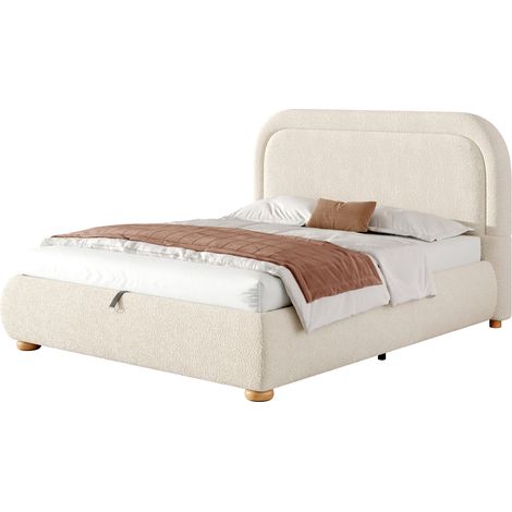 Lit double capitonné 140 x 190 cm, sommier à lattes et grand coffre hydraulique, tête de lit arrondie en tissu bouclé beige, 3 colis  CHICFURN (1/5)
