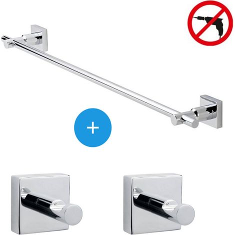 Tesa  Tesa Hukk Set Toallero de pared + 2 ganchos toalleros, fácil instalación sin taladrar, Cromo (40250-TRIOTESA2)