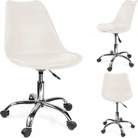 1 Chaise pivotante, Hauteur réglable 78-90 cm, Similicuir blanc, Piètement acier, Roulettes, Bureau (1/4)