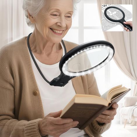 Loupe mains libres 5X 10X avec éclairage - Loupe à col de cygne 3-en-1 - Loupe de lecture avec 3 couleurs LED - Loupe grande taille pour livres - Utilisation en main, portée au cou et sur (1/5)