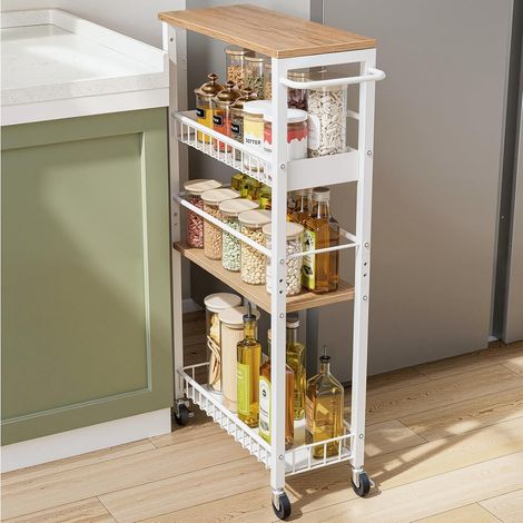 Chariot de Rangement Étroit à roulettes, Petit Chariot à 4 Niveaux avec Poignée, Profondeur 7,1 Pouces, Hauteur Réglable, Étagère Mobile pour Cuisine, Salle de Bain, Buanderie, Blanc (1/5)