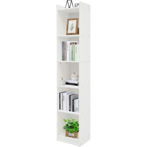 Bibliothèque étroite avec 5 compartiments, étagère de rangement ouverte sur pied, pour salon, bureau à domicile, salle à manger, blanche, 30 x 24 x 152 cm (1/5)