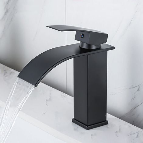 Robinet Lavabo Cascade Noir Moderne Mitigeur Robinet Salle Bain pour Vasque à Poser Robinetterie Carré en Laiton Haut Qualité (1/5)