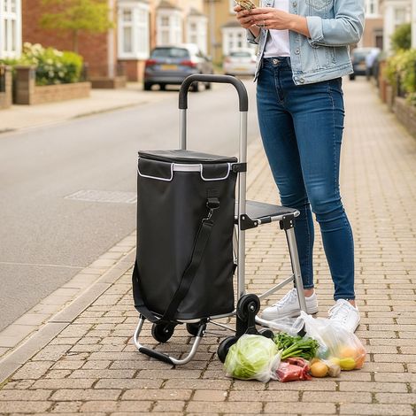 Faltbarer Einkaufswagen, tragbarer Einkaufswagen mit Rädern, klappbarem Sitz, abnehmbarer Tasche, 46 x 59,5 x 97 cm, schwarz