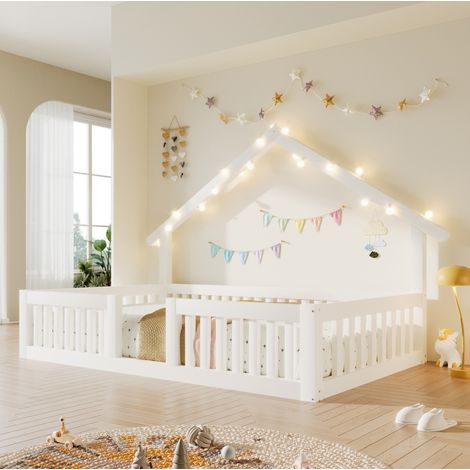 Cama infantil tipo casita 90x200 cm de madera con LED, barandilla de seguridad y estructura estable - Blanco (1/5)