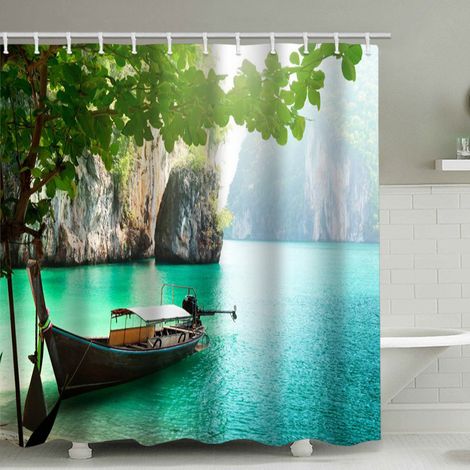 Rideau de douche motif bateau en mer, avec 12 crochets en (1/4)