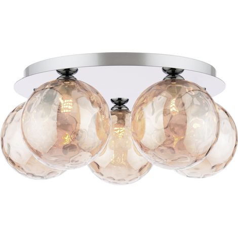 Dar Foley Plafonnier Foley à 5 lumières, chromé poli, avec verre ambré à bulles