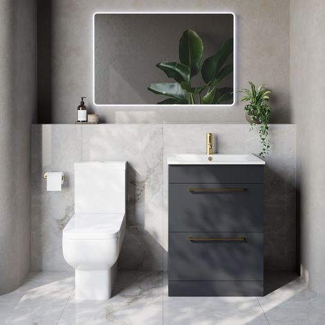Napoli 460 Gloss Grey 600mm 2 Drawer Vanity Unit and Tacoma Comfort Height Toilet Suite with Angel Basin - 600mm - Brushed Brass 320mm Handle