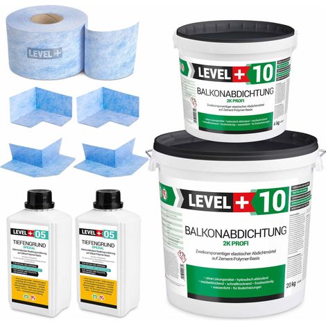 LEVEL+ Dichtset 24kg Balkonabdichtung 2K Badabdichtung Dichtband Tiefengrund SET33 (1/5)