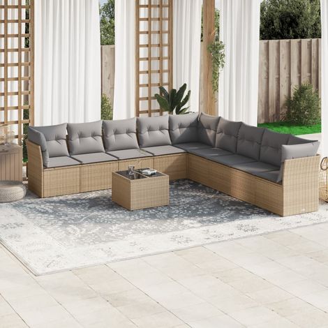 Ensemble Salon Jardin 10 Places Résine Tressée Beige avec Coussins Gris - 6 Sièges Centraux, 3 Coins, Table Verre Trempé - Modulaire Extérieur (1/3)