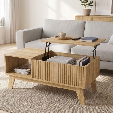 Table basse relevable 95x48x42 cm avec coffre de rangement et niche, Bois natural (1/5)