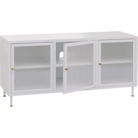 [NEUWERTIG] TV-Rack HHG-438, Lowboard TV-Schrank Sideboard Türen Staufächer Industrial Metall Schilfglas 58x120x40cm weiß