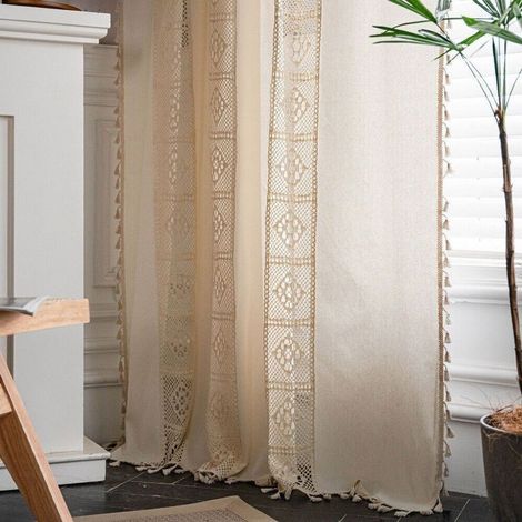 Tende in stile bohémien, in cotone e lino, con trama traforata, oscuranti, beige, 15060 cm (1/2)