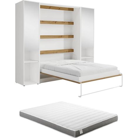 Lit escamotable vertical 160 x 200 cm - 2 colonnes de rangement - Avec miroirs et LEDs - Blanc et naturel + Matelas - RAPILI (1/5)