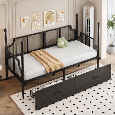 lit chambre rangement 90x200 métal noir vintage OKMYHOME (1/5)