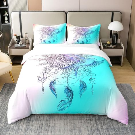 Attrapeur de rêves Housse de Couette 140x200cm 100% Coton Boho Dreamcatcher Ensemble de lit pour Enfants bohème Hippie Plume Oiseau Housse de Couette Ensemble Exotique Tribal Bleu Vert - 140 x 200 cm  (1/5)