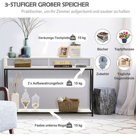 Table console blanche avec etagere ouverte et structure en acier 120 x 23 x 79 cm 8 (1/5)