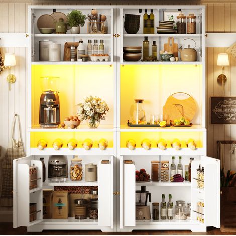 Set di 2 credenze buffet 140x38.3x180 cm con LED RGB, ante in vetro, portabottiglie, MDF bianco (1/5)