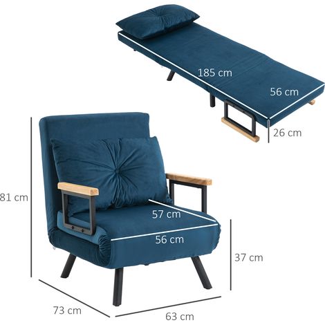 Canapé convertible fauteuil relaxant, lit d'appoint velours bleu, dossier inclinable, coussin lombaire, 63x73x81cm, invité. (1/5)