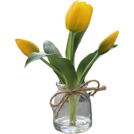 Fleur artificielle Tulipes jaunes dans vase aquatique, décoration pour salon et intérieur, parfaite pour ornement de maison. (1/4)
