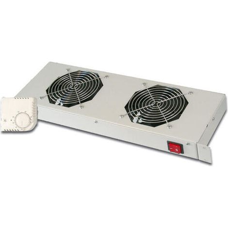 DIGITUS Unidad de ventilación para armario de red de 19 pulgadas – 2 ventiladores – montaje variable en los perfiles de 19 pulgadas – 1U – termostato – caudal de aire 4,6 m³ por minuto – gris (1/4)