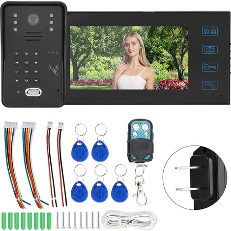 Sonnette vidéo 7 pouces TFT LCD écran, contrôle d’accès par mot de passe et carte, interphone extérieur étanche, 100-240V (prise US). (1/5)