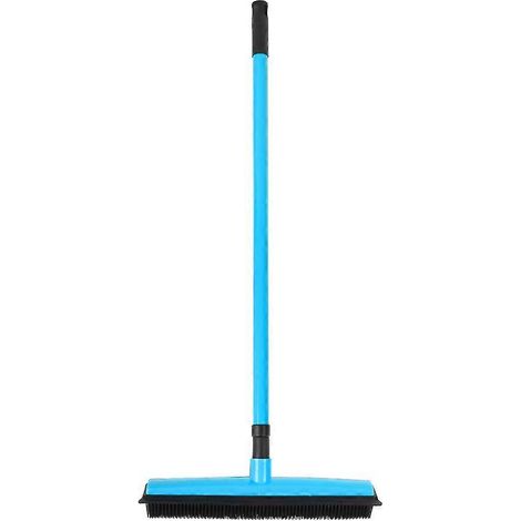 Balai et brosse anti-peluches combinés pour enlever les poils d'animaux, avec raclette et manche télescopique (bleu) (1/2)