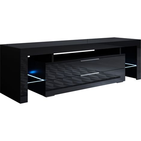 Muebles Bonitos – Meuble TV 2 tiroirs avec LED – Dimensions 160x53x35cm – Frontal en mélamine brillante – Étagères en cristal (1/4)