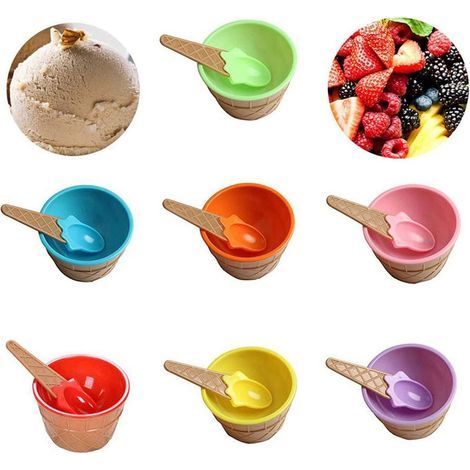 Eisbecher-Set mit 7 bunten, runden Schalen mit Süßigkeitenmotiven und Löffel – für Kinder – für Zuhause und Partys (1/5)