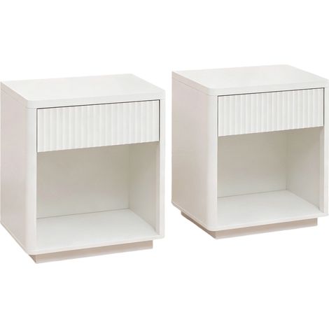 Set aus 2 weißen Nachttischen mit Schublade und offenem Fach aus MDF, modernes Wellen-Design (1/5)