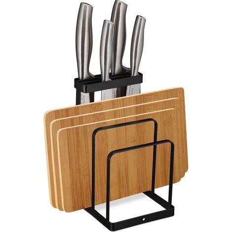Support planche à découper 2 en 1 Rangement structuré pour couteaux et planches Dimensions 21,5 x 12 x 14 cm Matériau fer noir (1/5)