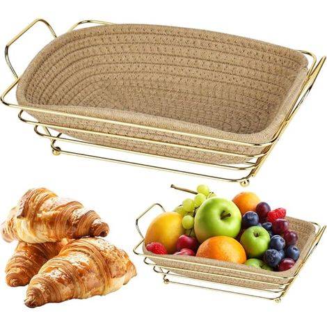 Corbeille à pain en métal moderne avec insert en tissu amovible - Rectangulaire - Pour pain, petits pains et baguettes (beige) (1/5)