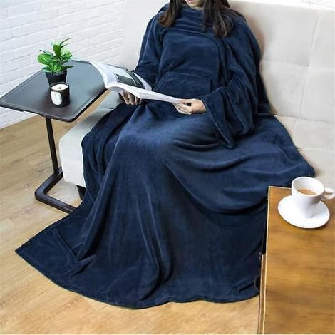 Couverture portable bleu marine à manches, douce et confortable pour canapé, idéale pour l'hiver, grise. (1/2)