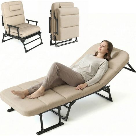 Lit pliant 3-en-1 réglable 6 positions – Avec coussin et oreiller, chaise longue portable et canapé-lit