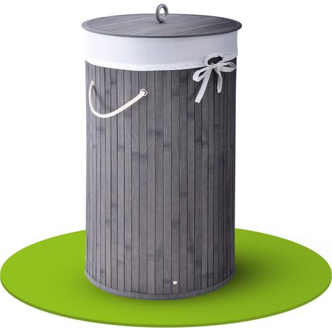 Juskys Bambus Wäschekorb Curly-Round – 55 Liter Volumen – Wäschesammler mit Deckel, Tragegriffen & Stoff Wäschesack – 1 Fach Wäschebox – in Grau
