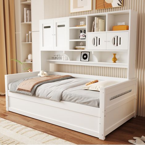 Cama individual 90/200 cm blanca con arcón hidráulico y almacenaje superior (1/5)