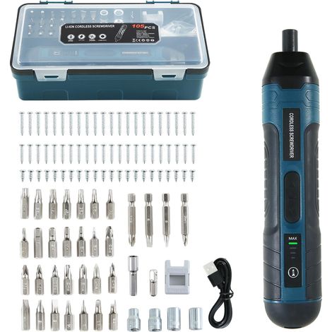Tournevis électrique sans fil 105 en 1, mini tournevis électrique rechargeable 3,6 V avec couple de 4 engrenages et lumière LED, couple maximum de 5 N.m, idéal pour un usage quotidien et industriel (1/5)