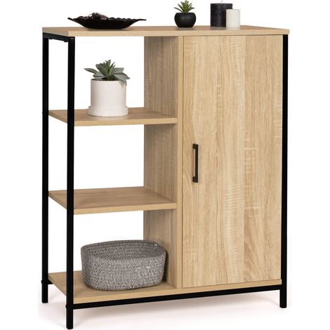Idmarket – Buffet d'appoint 3 étagères et placard 70 cm – Structure bois et métal noir – Style industriel – Rangement modulable