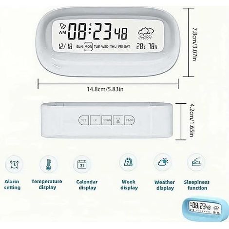 Weißer digitaler Wecker mit Nachtlicht und Temperaturanzeige hohe Lautstärke, geeignet für Erwachsene im Schlafzimmer.
