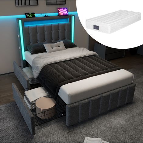 MEUBLIV Bett 90x200 cm grau - LED, USB, 2 Schubladen und Kopfteil, mit Matratze (1/5)