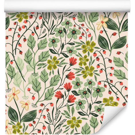 Papel pintado con estampado de flores y frutas del bosque para salón y dormitorio, 50x1000 cm. (1/5)