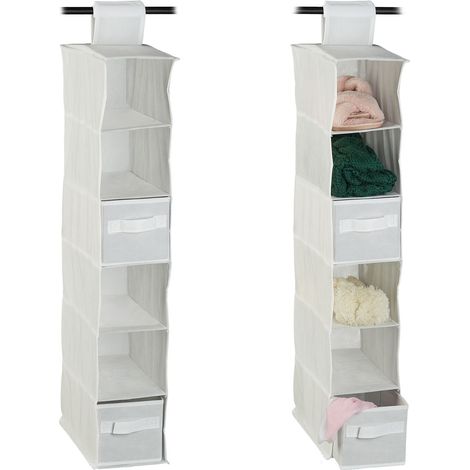 2x Organizador Colgante con 6 Estantes y 2 Cajones, Tela-Cartón, 82 x 14,5 x 30 cm, Blanco