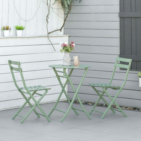 Ensemble de jardin pliant en acier 3 pièces. Deux chaises de 42 x 50 x 81 cm et une table de 60 x 71 cm. Vert.