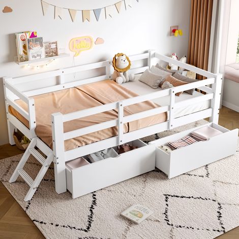 Letto per bambini 90 x 200 cm con barriera di sicurezza e 2 cassetti, bianco HAVRYA (1/5)
