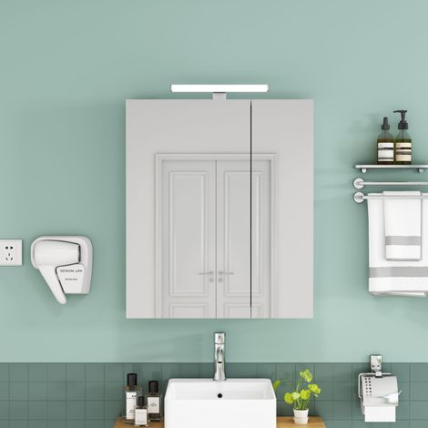 Armoire de salle de bain murale blanche de 60 cm avec miroir, portes asymétriques, éclairage LED et prise française, étagères en verre réglables en hauteur, charnières à fermeture douce, livrée montée (1/5)