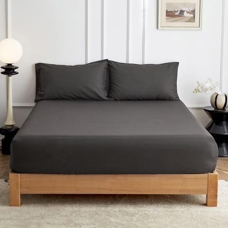 Drap Housse 140x200 cm Grand Bonnet 35 cm - 55% Lin Respirant et 45% Coton Doux - Housse Matelas Élastique pour Matelas Épais (Gris Foncé) (1/5)