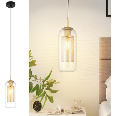 GBLY Pendelleuchte Esstisch Hängelampe Glas - 1 Flammig E27 Hängeleuchte Schwarz Gold Pendellampe Zylinder Höhenverstellbar Esszimmerlampe Wohnzimmer Küche Esszimmer Nachttisch ohne Leuchtmittel (1/5)