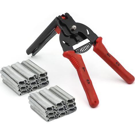 Alicates para anillos para cerdos, alicates para anillos tipo M con 1200 grapas, herramienta manual para reparar o instalar cercas para animales, como jaulas para pollos y conejos (rojo). (1/5)