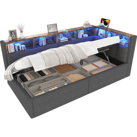 Lit de jour, canapé-lit, 90 × 200 cm, ports USB et Type-C, fonction de rangement hydraulique, plusieurs compartiments de rangement, éclairage LED multicolore, sans matelas, lin, gris (1/5)